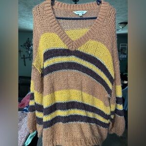 DAVI & DANI V-Neck Sweater - Brown and Yellow Stripes